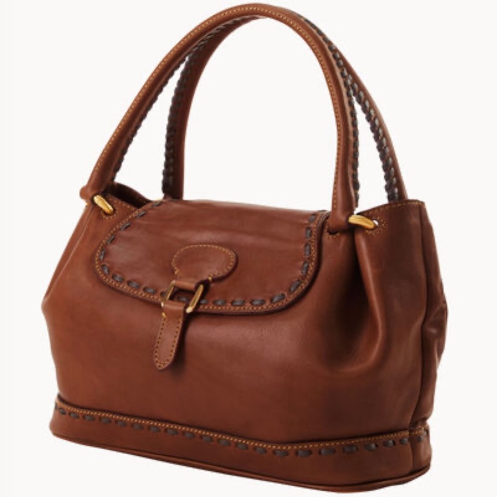 New Dooney & Bourke Satchel Vacchetta Flap Braided Florentine Leather Chestnut - Picture 2 of 8